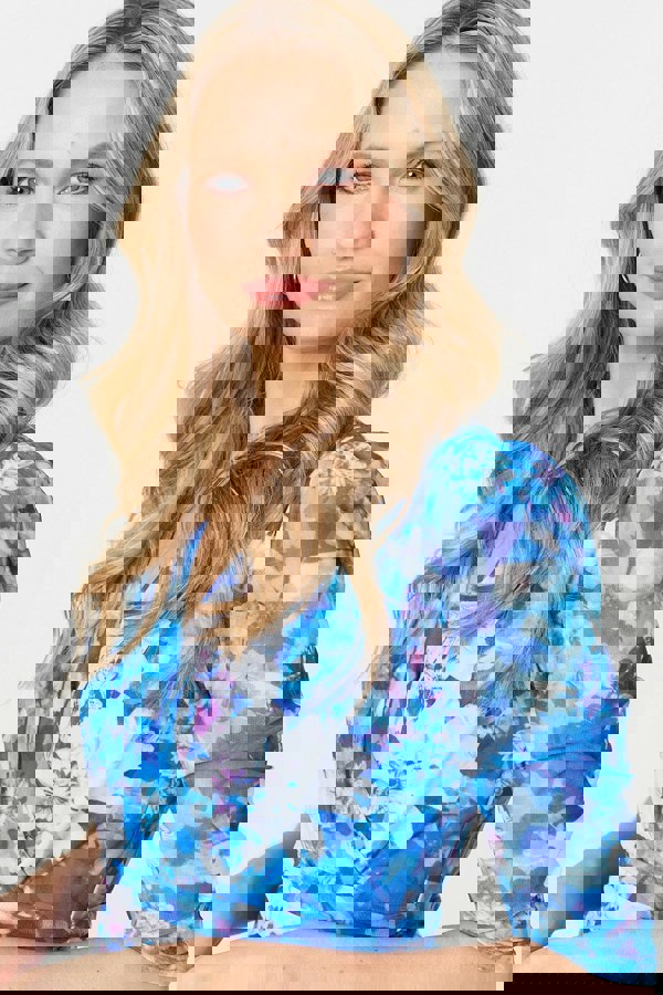 Blue | Floral Mesh Pleated Faux Wrap Midi Dress