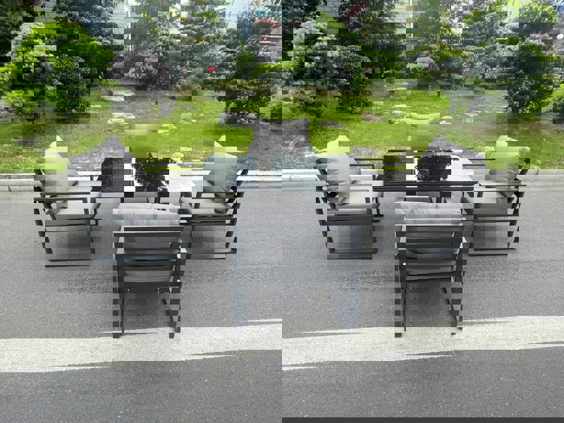 Fimous Aluminum Garden Furniture Dining Set Adjustable Rising Lifting Table And Chairs Patio Outdoor 4 Seat Plus Black Tempered Glass Dark Grey