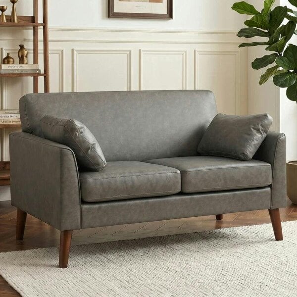 2 Seater Sofa, 132 cm Modern Small Sofa with Solid Wood Legs and 2 Pillows for Small Space, Grey - Grey