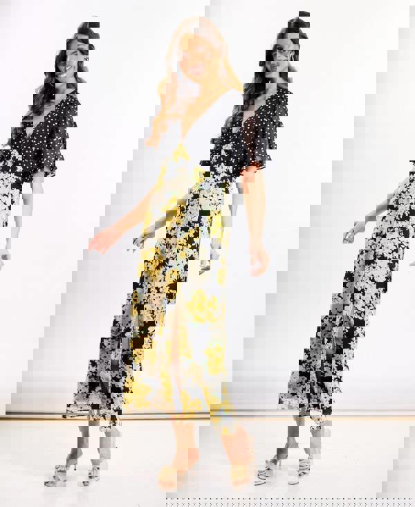 Yellow Floral Flutter Sleeve Midi Dress