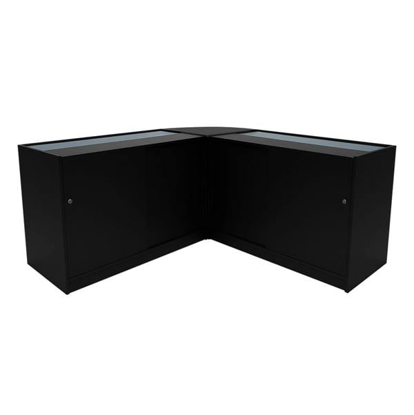 Black Andromeda LED shop counter set featuring sleek design, glass display tops, and two matching cabinets for storage