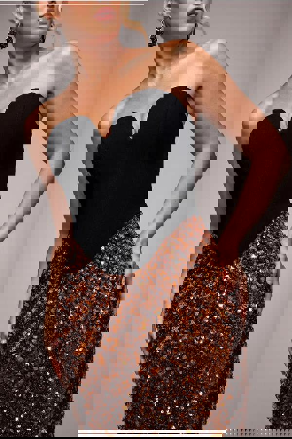 Scuba Crepe & Sequin Dipped Waist Strapless Maxi Dress - Bronze DR4822