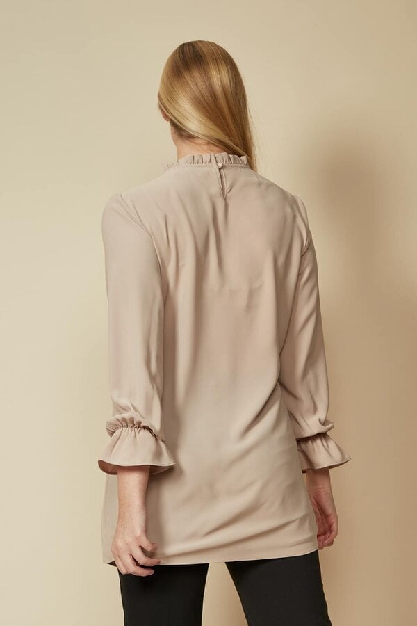 Hoxton Gal Oversized Tie Ruffle Neck Top with Tie Waist Detailed Top in Beige