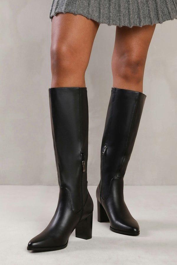 Where's That From Hawthorn Block Heel Knee High Boots With Stitch Detail in Black Faux Leather