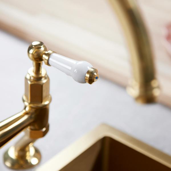 Flode Larvik | Kitchen Dual Lever Bridge Mixer Tap | Polished Brass Finish