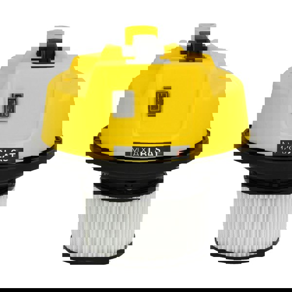 Bright yellow gutter vacuum head with a sturdy black base and a white filter, designed for efficient wet and dry cleaning tasks