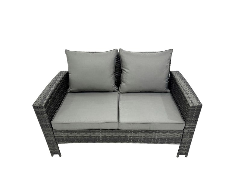 Fimous 6 Seater Wicker PE Rattan Furniture Outdoor Dining Table Double Seat Sofa Side Table 2 Big Stools Set Dark Grey Mixed