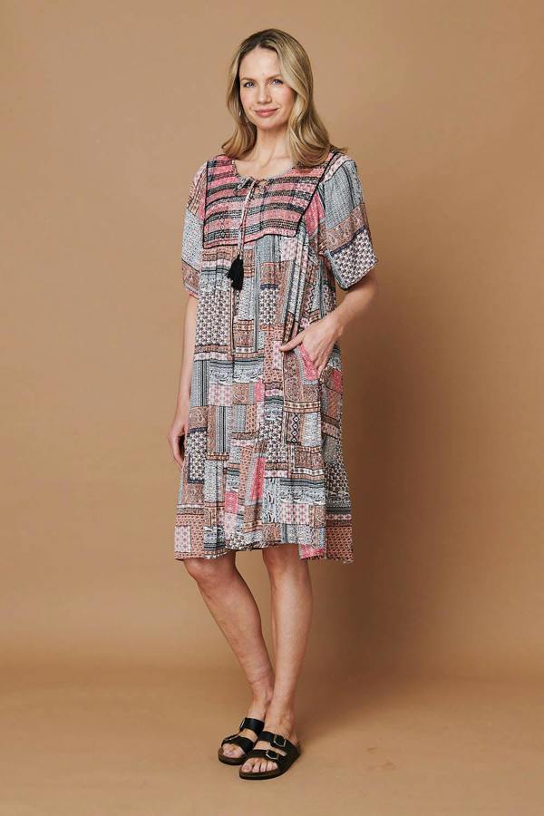 Pink | Patchwork Tassel Knee Length Smock Dress