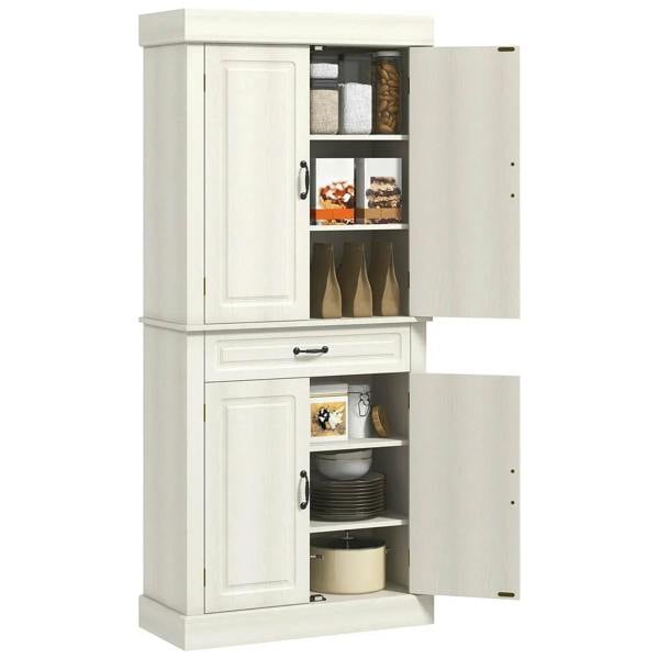 White tall cupboard with open upper and lower compartments and front drawer