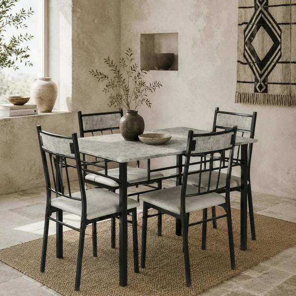 Wyld Haus Lera Marble Effect Grey And Black 5 Piece Dining Table And Chair Set