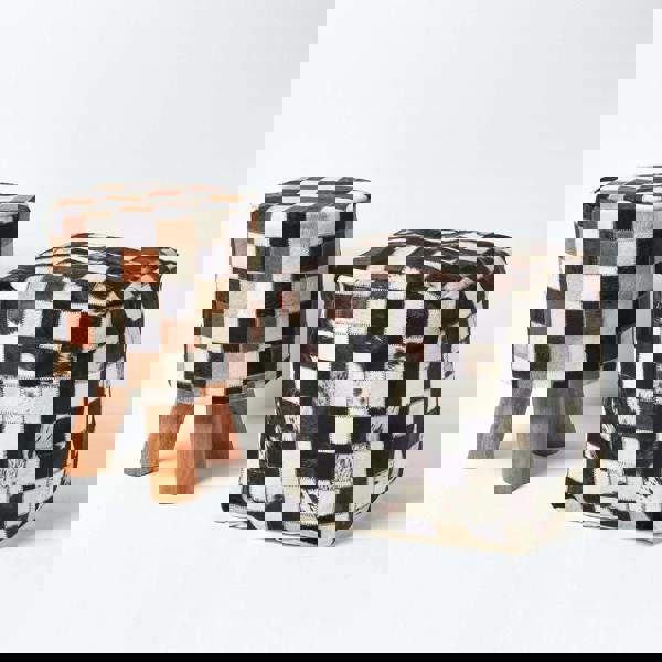 HOMESCAPES Genuine Leather Brown Check Design Bean Filled Pouffe