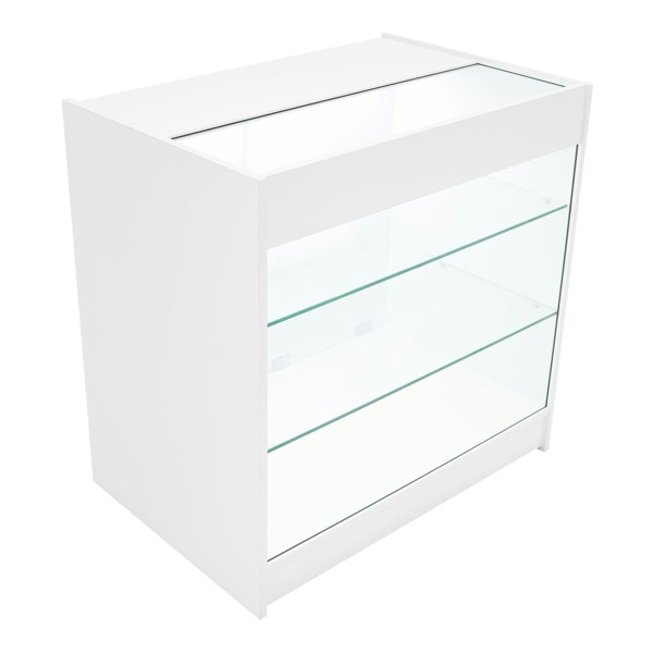 White Aries LED shop counter set featuring a sleek design with glass shelves, ideal for showcasing products in retail spaces
