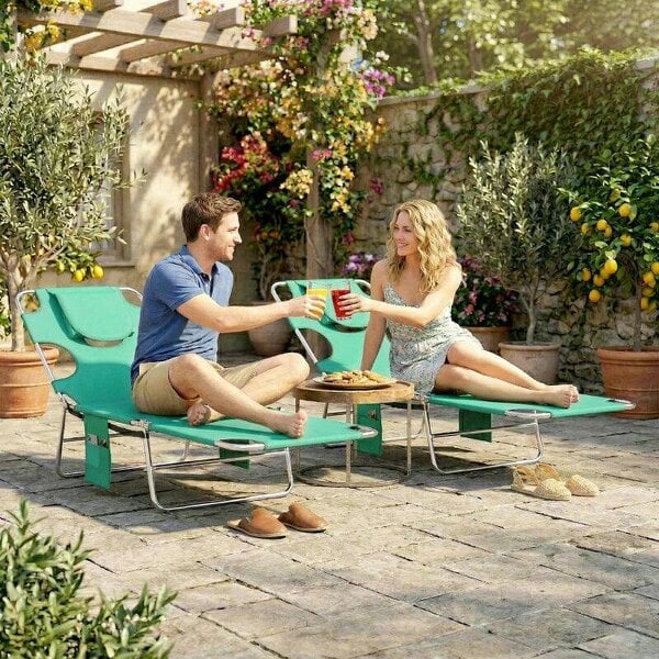 Bobobiy 5-Position Adjustable Sun Loungers Set of 2 with Reading Hole and Side Pocket, Green