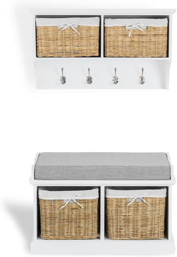 Tetbury Hallway Set with Natural Wicker Baskets and Grey Cushion