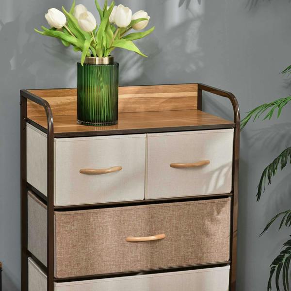 Storage dresser tower with wood top and two fabric drawer fronts, pull handles on steel frame
