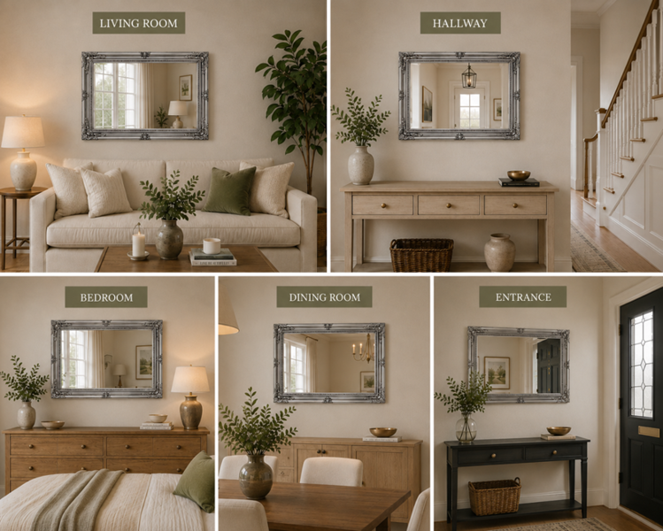 Downton Interiors Large Antique Silver Wood Frame Wall Mirror 90cm x 65cm
