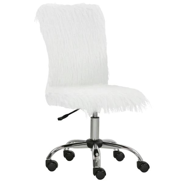 White plush armless swivel chair, shaggy back, height base, rolling casters
