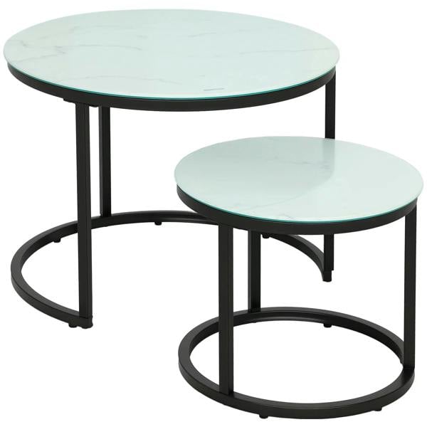 Round nesting coffee table set with marble-effect glass tops and black steel frames