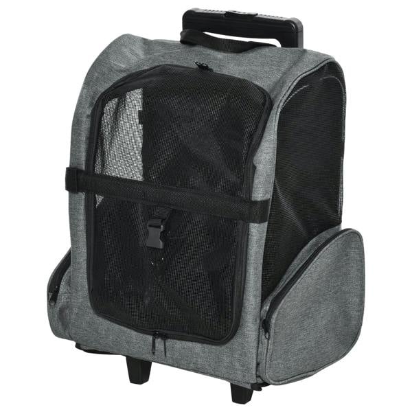 Grey pet travel rolling carrier backpack with mesh front panel and telescopic handle