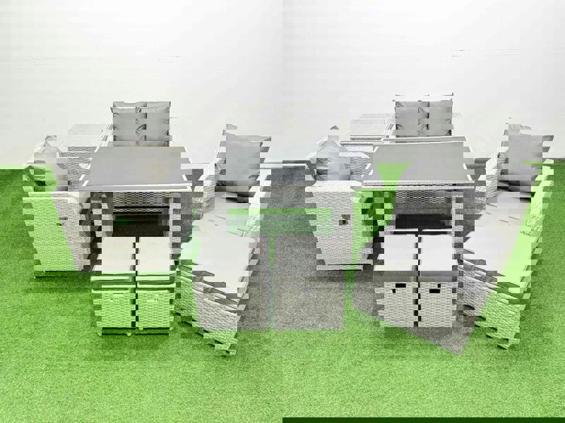 Fimous Outdoor Rattan Garden Furniture Dining Set 7 seater Patio Rectangular Table Love Sofa Reclining Chair Set with Side Table 3 Stools