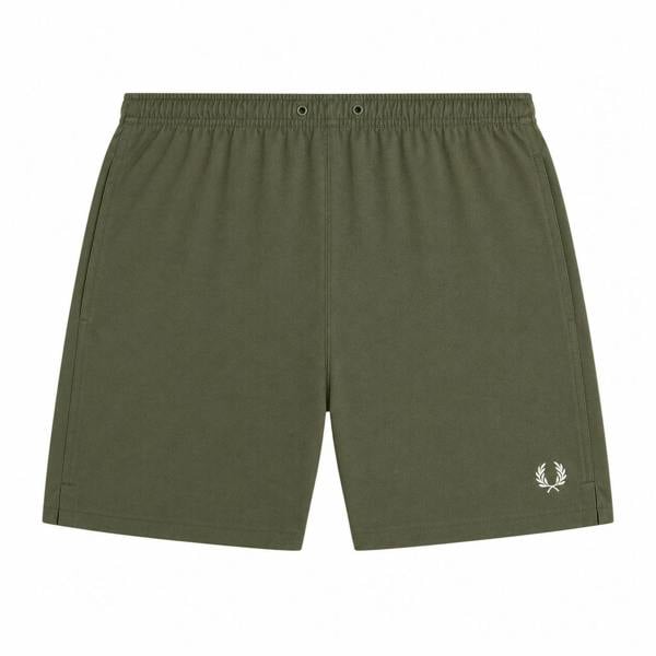 Fred Perry green swim shorts with elastic waist, drawstring, and white Laurel Wreath logo.