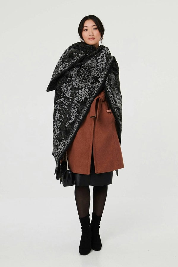 Black | Damask Print Hanky Hem Poncho
