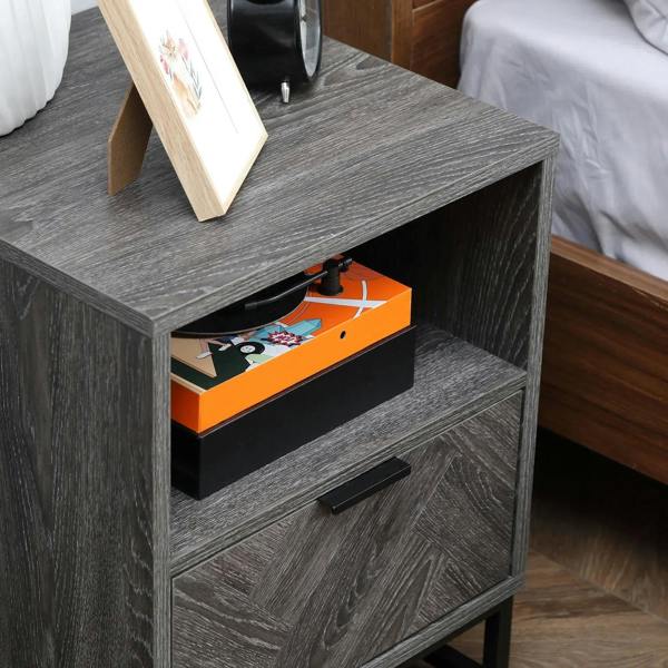 Dark grey nightstand with open shelf and drawer storage, steel legs.