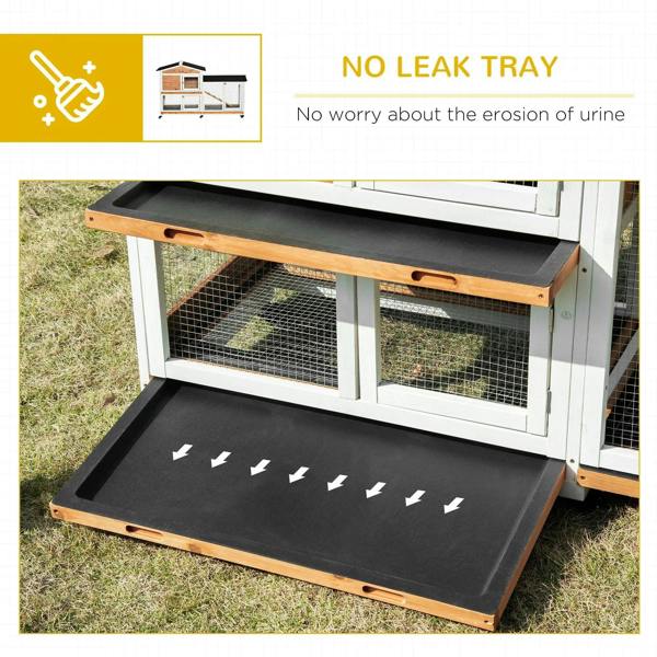 2-tier rabbit hutch with run, black no-leak tray base, wire doors, wood frame, wheels