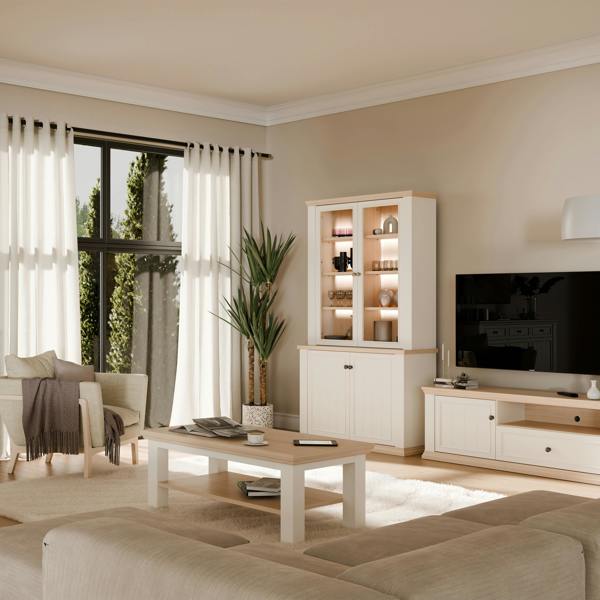 Furniture To Go Pontypool 4 Door Display Cabinet in White and Riva Oak