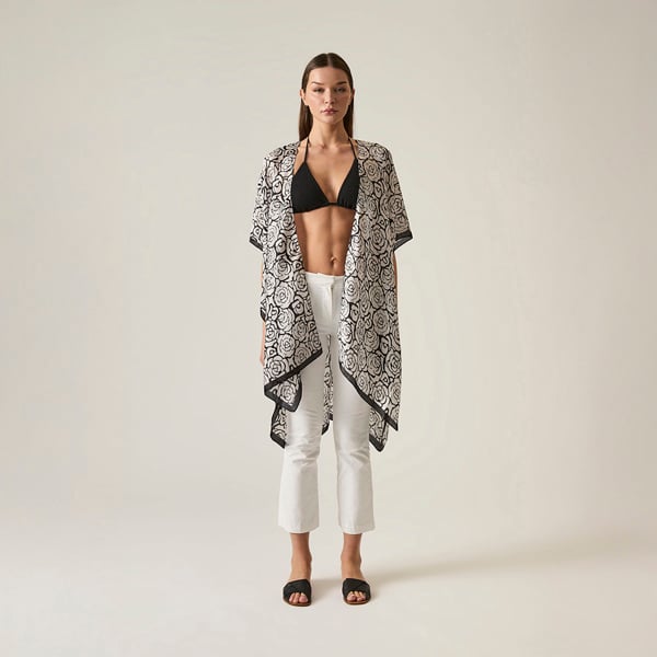 Black-and-white abstract rose print kaftan