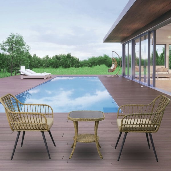 Furniture One 3 Pieces Rattan Garden Furniture Set, Rattan Bistro Set with Glass Top Table, Soft Cushion 2 Seaters + High Glass Top Table Set
