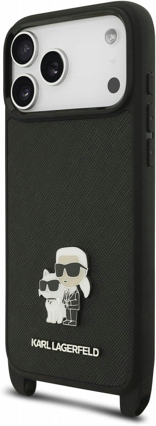 Karl Lagerfeld Saffiano Karl & Choupette Metal Pin Crossbody Strap Case for iPhone 17/18 Pro 6.3" Black - KLHCP18LSAKCPBK