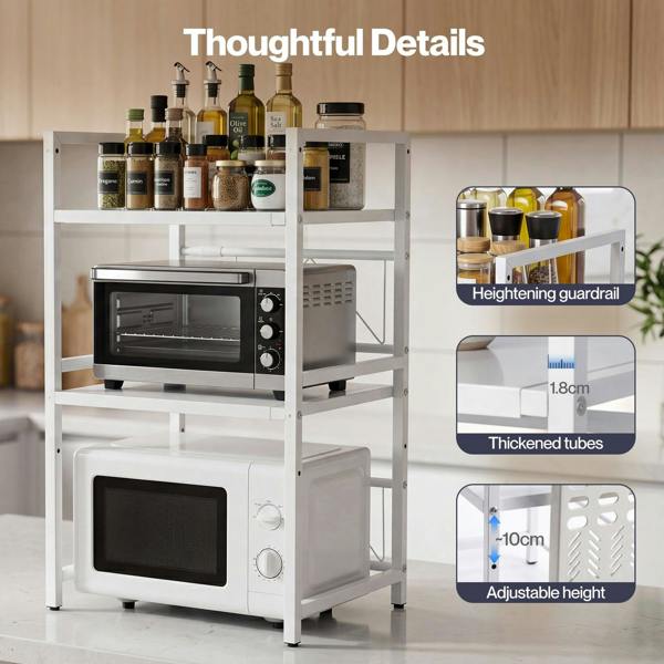 TOQUE 3 Tier Expandable Microwave Oven Rack Stand Kitchen Storage Shelf White