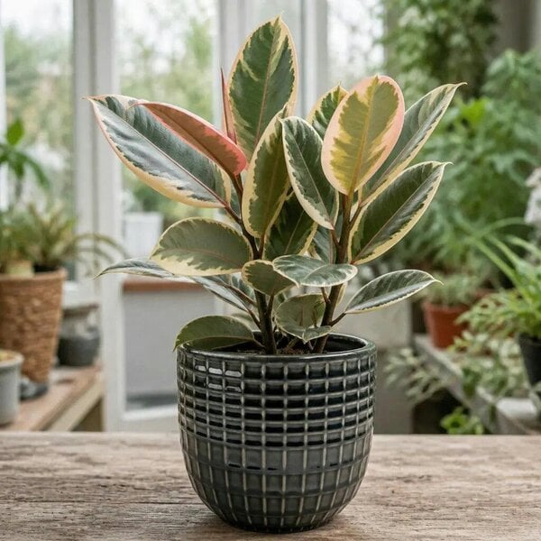 Ficus Tineke Rubber Plant – Elegant Variegated Green and Cream Indoor Houseplant - Braga Grey Ceramic