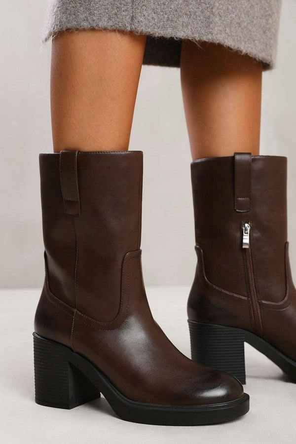 Where's That From Cherish Mid Calf Boot With Side Zip in Dark Brown Faux Leather