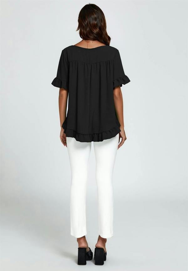 FS Collection Frill Detail Short Sleeves Top In Black