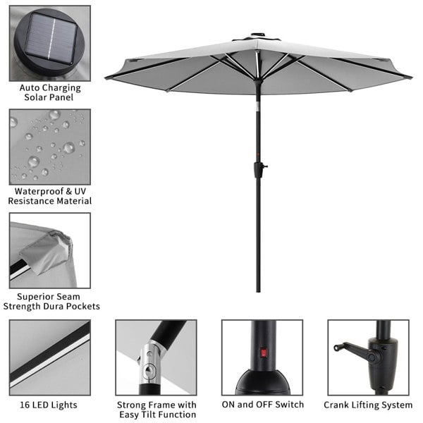 Light Grey 3M Lighted Market Sunbrella Umbrella with Solar Strip LED Lights Living and Home