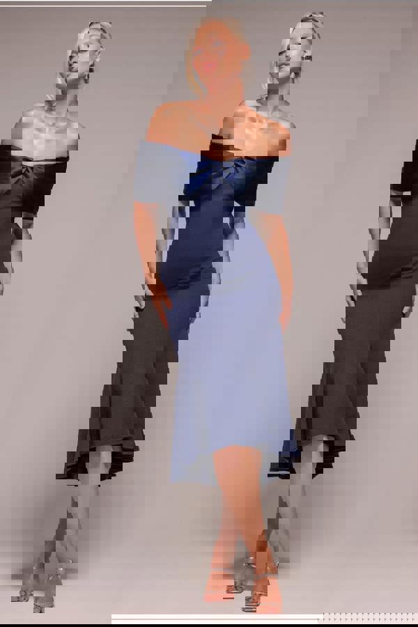 Twist Knot Satin & Scuba Bardot High Low Midi Dress - Navy Blue DR4617