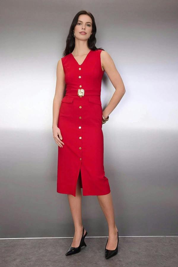 WOVCOR Midi Woven Dress with Belted Accessory Detail