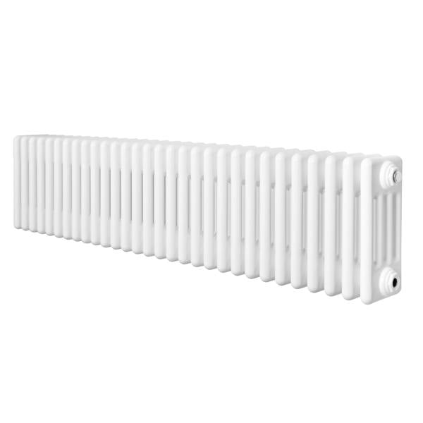 Traditional 4 column radiator in white, measuring 300 x 1370mm, featuring a smooth, glossy finish and classic design for efficient heating