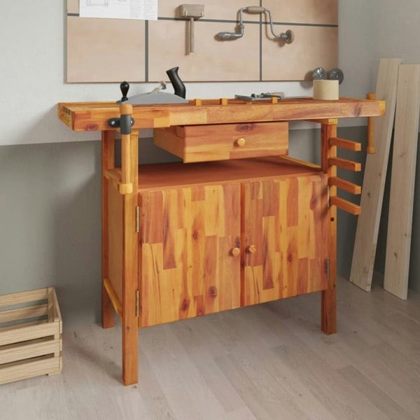 Berkfield Workbench with Drawer and Vices 124x52x83 cm Solid Wood Acacia