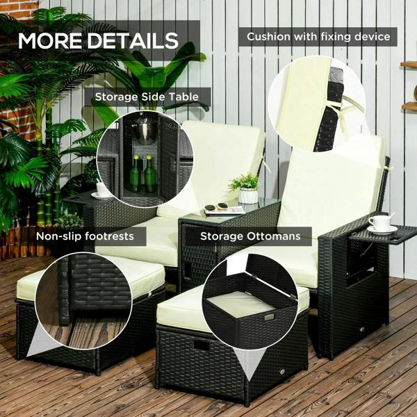 Outdoor wicker sun lounger set with storage side table, non-slip footrests, and ottomans