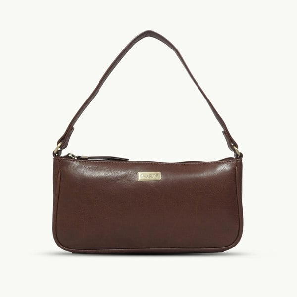Assots London 'ZARA' Brown Polished Real Leather Baguette Shoulder Bag