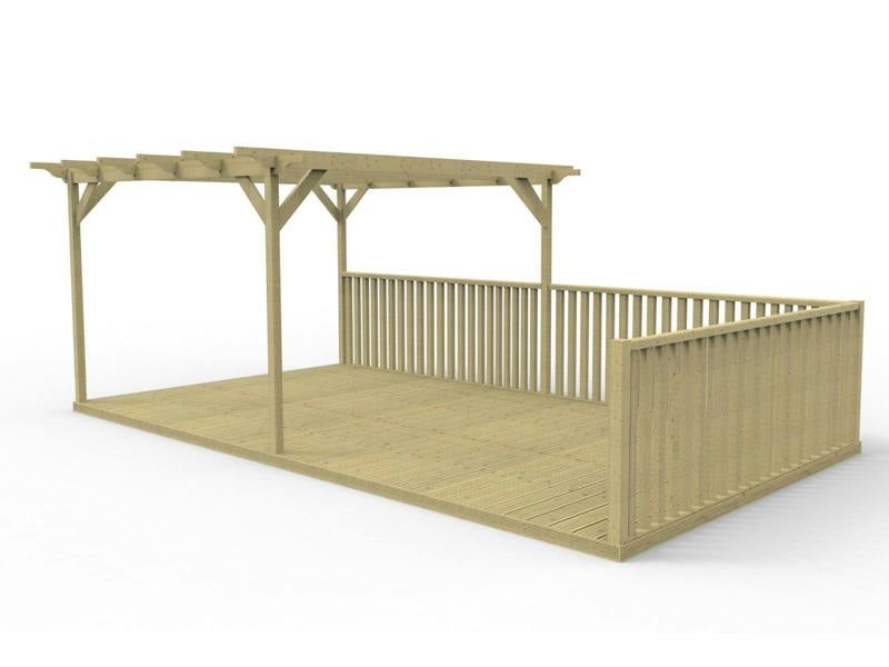 Rectangular pergola and decking kit with balustrade, made from pressure treated timber and high quality pergola posts, featuring a raised wooden deck, vertical slatted balustrade, and an open pergola roof frame.