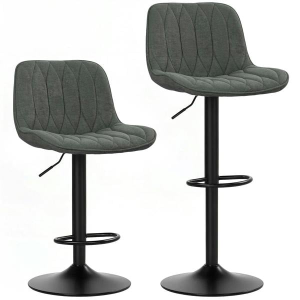Pair of charcoal gray linen-look bar stools with curved padded seats and black round bases