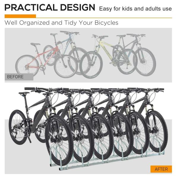 Silver bike parking rack with multiple bicycles neatly stored in six U-stands