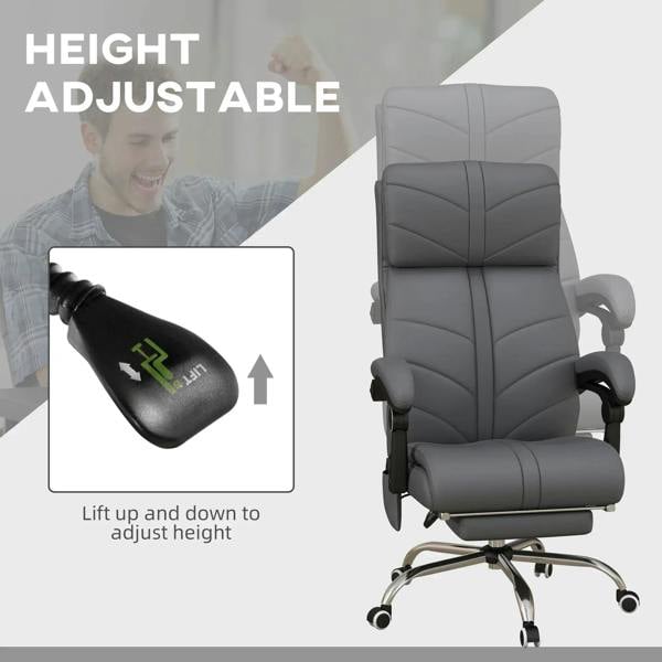Grey height-adjustable office chair with massage headrest, rolling swivel base