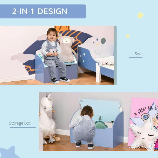 Blue 2-in-1 kids toy storage box with hinged lid, child and stuffed animal