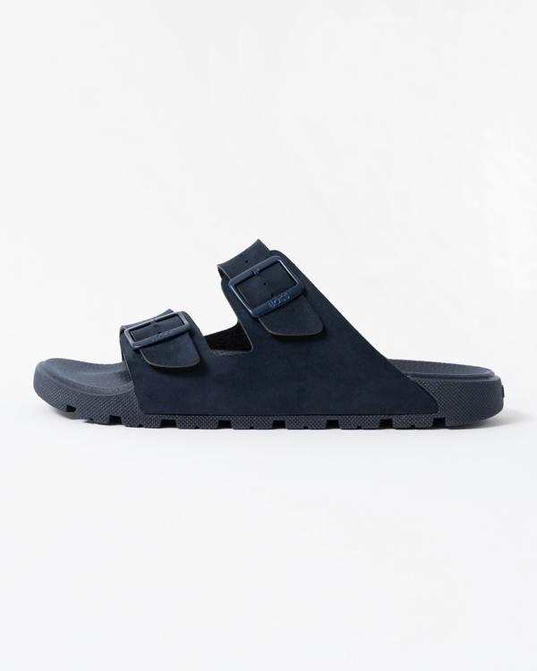 side of BOSS Orange Surfley Mens Twin-Strap Slides with Branded Buckles in Dark Blue 401