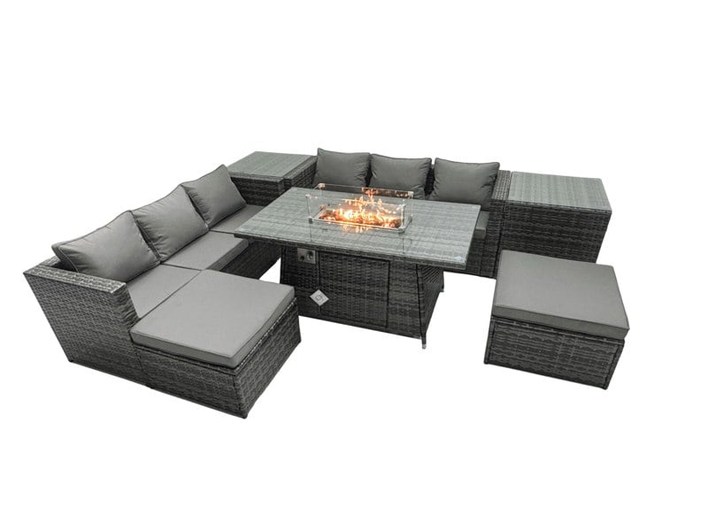 Fimous Rattan Garden Furniture Firepit Dining Set 6 Seater Lounge Sofa Table Set with 2 Side Tables 2 Footstool